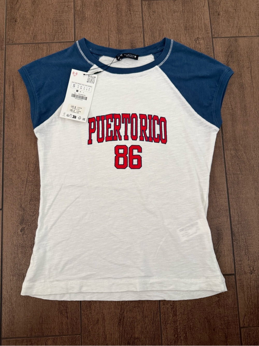 Zara Puerto Rico 86 White & Blue Baseball Tee with Red Text Wmn’s Sz S